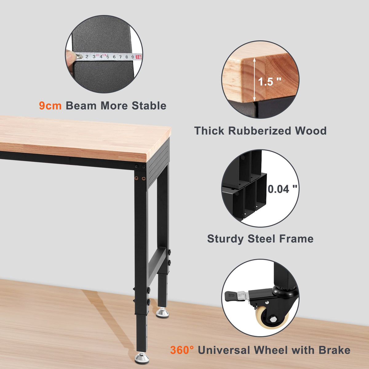VEVOR Work Table with Power Outlet, 183x63.5x100 cm Work Surface, Workshop Table with 1361 kg Load Capacity