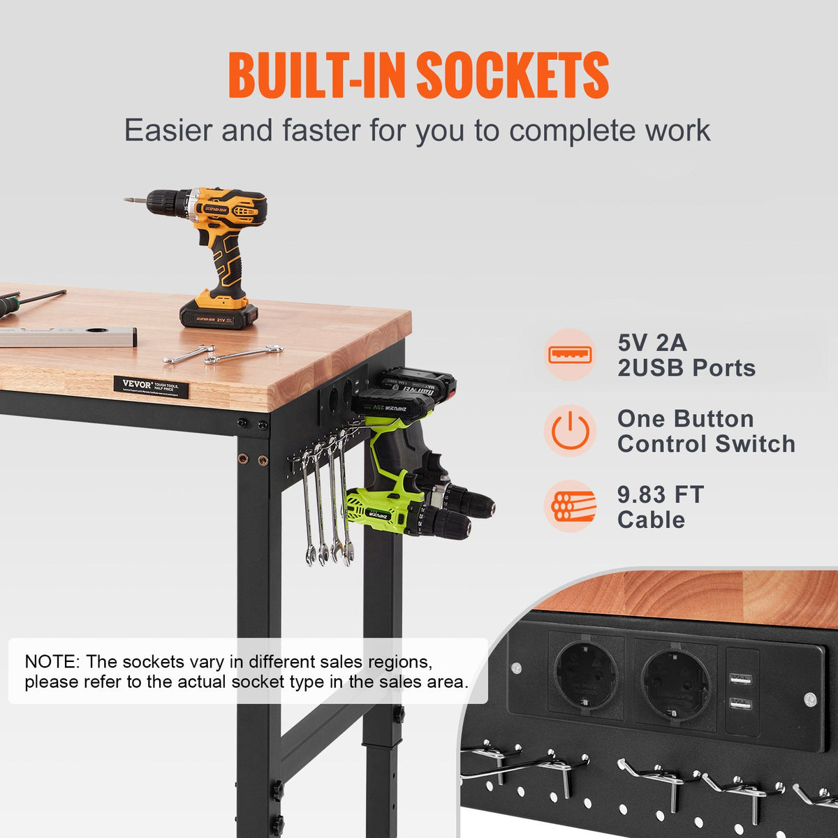 VEVOR Work Table with Power Outlet, 183x63.5x100 cm Work Surface, Workshop Table with 1361 kg Load Capacity