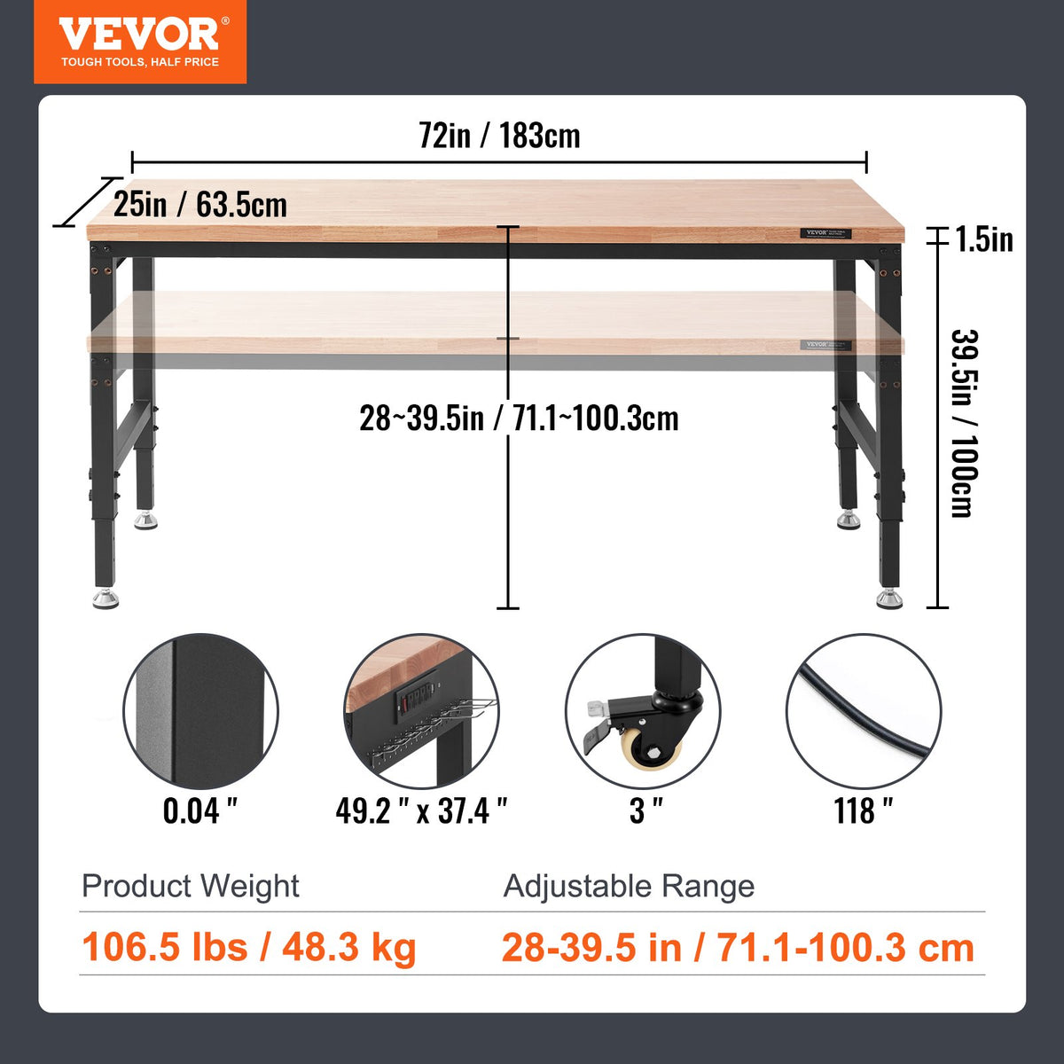 VEVOR Work Table with Power Outlet, 183x63.5x100 cm Work Surface, Workshop Table with 1361 kg Load Capacity