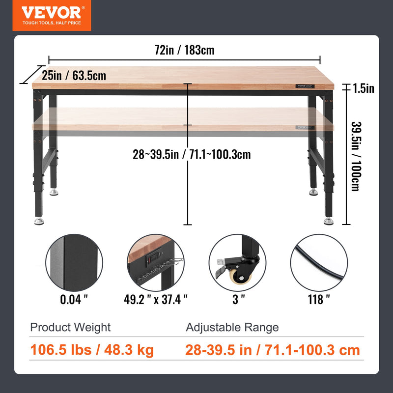 VEVOR darba galds ar strāvas kontaktligzdu, darba virsma 183x63.5x100 cm, darbnīcas galdu ar slodzes kapacitāti 1361 kg