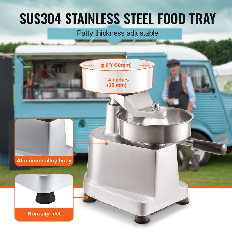 VEVOR komerciālais burgeru veidotājs, 150 mm presforma, nerūsējošā tērauda gaļas preses mašīna, komplektā 1000 piederuma papīri