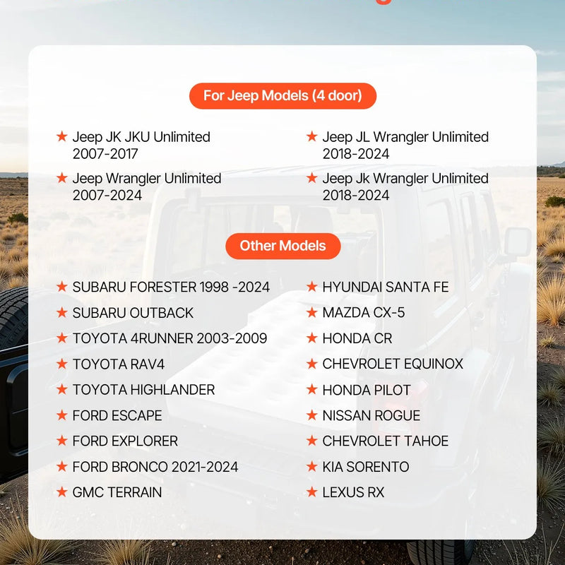 VEVOR piepūšamais automašīnas matracis Toyota 4Runner un Jeep Wrangler modeļiem, biezināts floka auduma kempinga matracis auto nakšņošanai, izturīgs un pārnēsājams guļampaklājs ar iebūvētu pumpi un 2 spilveniem, pelēkā krāsā