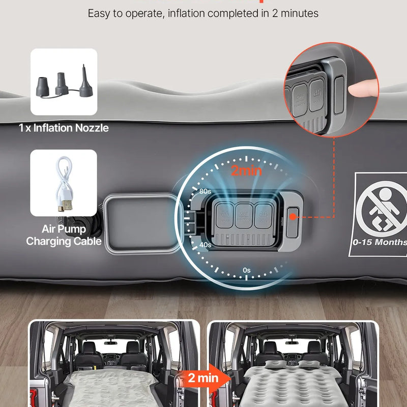 VEVOR piepūšamais automašīnas matracis Toyota 4Runner un Jeep Wrangler modeļiem, biezināts floka auduma kempinga matracis auto nakšņošanai, izturīgs un pārnēsājams guļampaklājs ar iebūvētu pumpi un 2 spilveniem, pelēkā krāsā