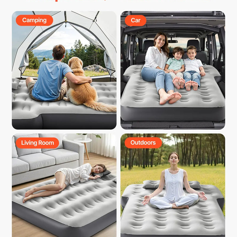 VEVOR piepūšamais automašīnas matracis Toyota 4Runner un Jeep Wrangler modeļiem, biezināts floka auduma kempinga matracis auto nakšņošanai, izturīgs un pārnēsājams guļampaklājs ar iebūvētu pumpi un 2 spilveniem, pelēkā krāsā