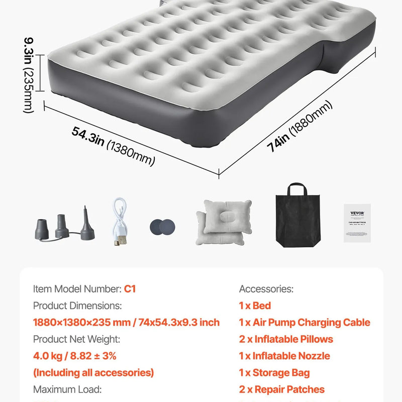 VEVOR piepūšamais automašīnas matracis Toyota 4Runner un Jeep Wrangler modeļiem, biezināts floka auduma kempinga matracis auto nakšņošanai, izturīgs un pārnēsājams guļampaklājs ar iebūvētu pumpi un 2 spilveniem, pelēkā krāsā