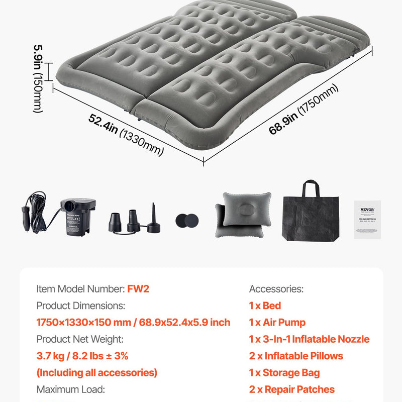 VEVOR piepūšamais auto matracis kempingam un ceļošanai - piemērots SUV, MPV un sedaniem