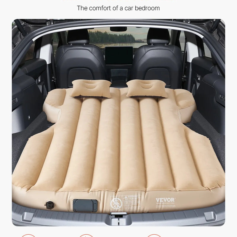 VEVOR piepūšamais automašīnas matracis Tesla Model Y (2020–2024), biezināts floka auduma kempinga matracis auto nakšņošanai, izturīgs un pārnēsājams guļampaklājs ar iebūvētu pumpi un 2 spilveniem, bēšā krāsā