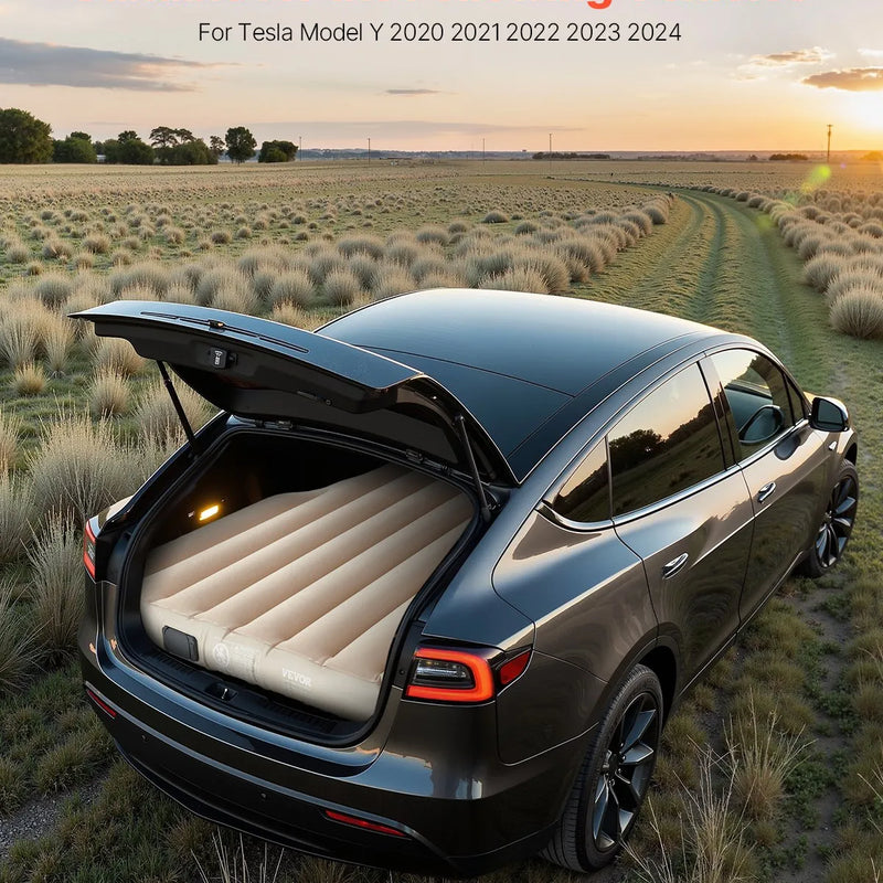 VEVOR piepūšamais automašīnas matracis Tesla Model Y (2020–2024), biezināts floka auduma kempinga matracis auto nakšņošanai, izturīgs un pārnēsājams guļampaklājs ar iebūvētu pumpi un 2 spilveniem, bēšā krāsā