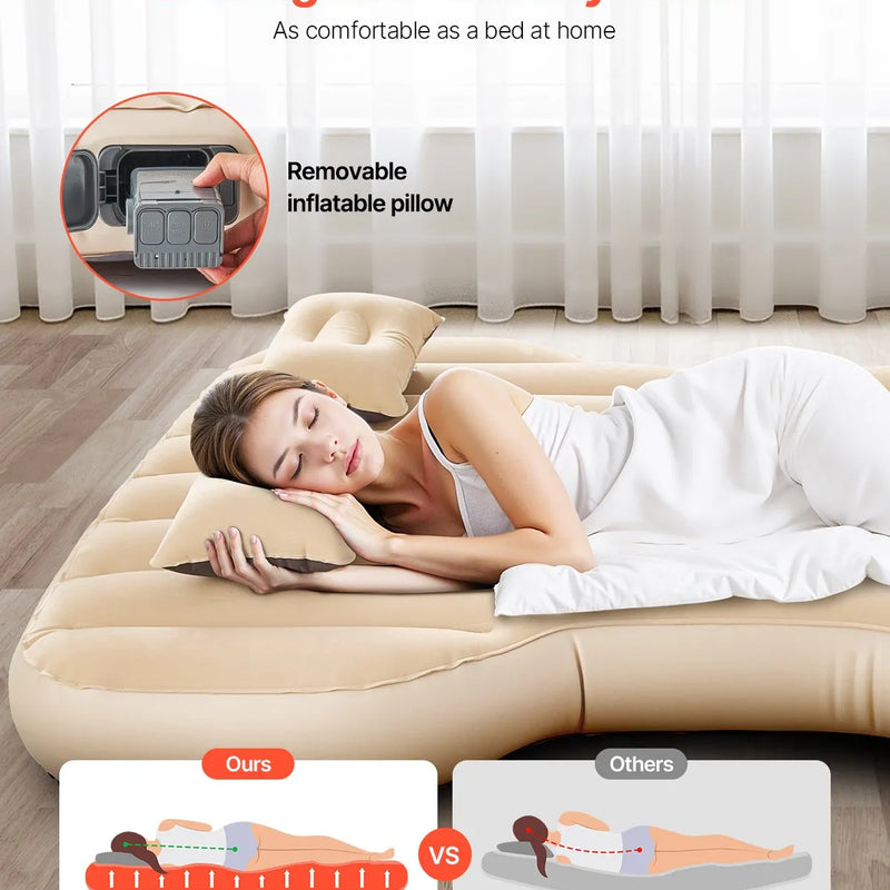 VEVOR piepūšamais automašīnas matracis Tesla Model Y (2020–2024), biezināts floka auduma kempinga matracis auto nakšņošanai, izturīgs un pārnēsājams guļampaklājs ar iebūvētu pumpi un 2 spilveniem, bēšā krāsā