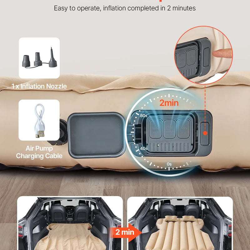 VEVOR piepūšamais automašīnas matracis Tesla Model Y (2020–2024), biezināts floka auduma kempinga matracis auto nakšņošanai, izturīgs un pārnēsājams guļampaklājs ar iebūvētu pumpi un 2 spilveniem, bēšā krāsā