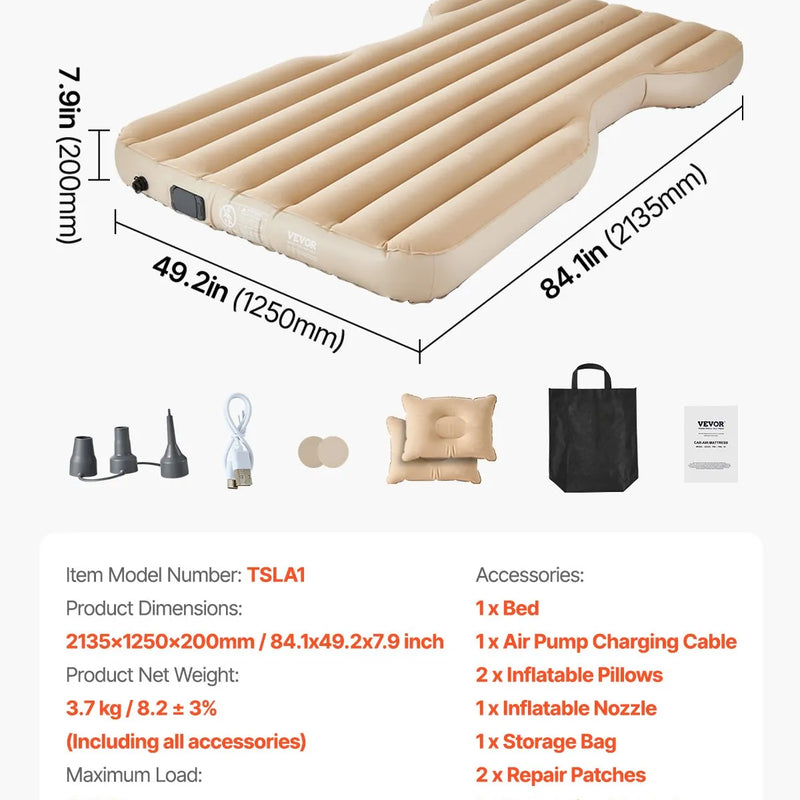 VEVOR piepūšamais automašīnas matracis Tesla Model Y (2020–2024), biezināts floka auduma kempinga matracis auto nakšņošanai, izturīgs un pārnēsājams guļampaklājs ar iebūvētu pumpi un 2 spilveniem, bēšā krāsā