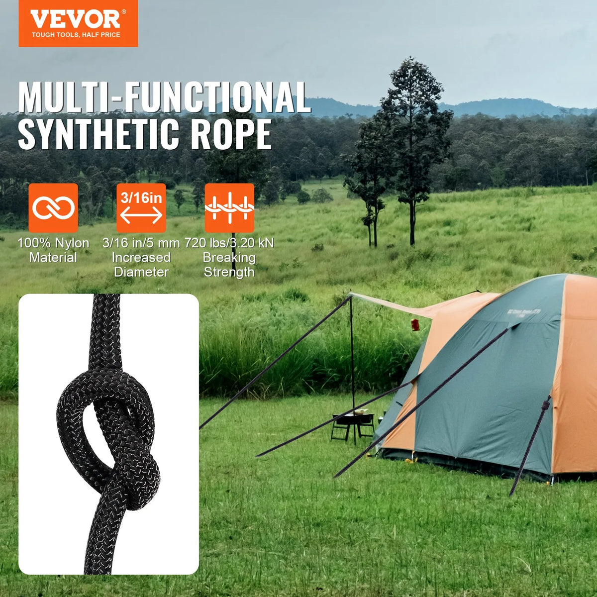 VEVOR Braided Nylon Rope 4.8 mm × 76 m, 32 Strands, 326 kg, for Climbing, Camping and Swings, Black