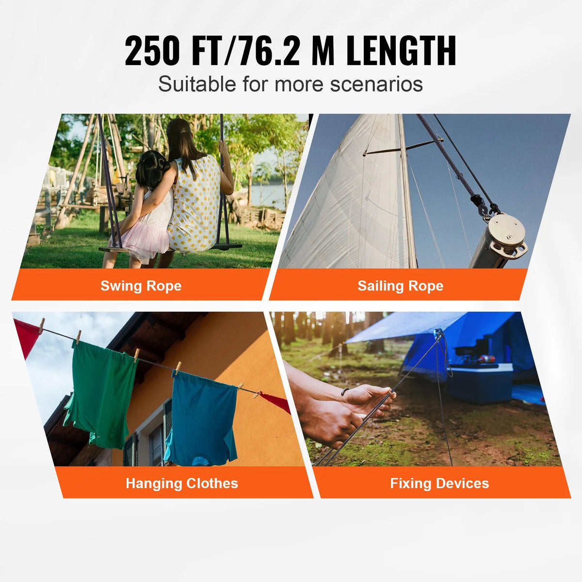 VEVOR Braided Nylon Rope 4.8 mm × 76 m, 32 Strands, 326 kg, for Climbing, Camping and Swings, Black