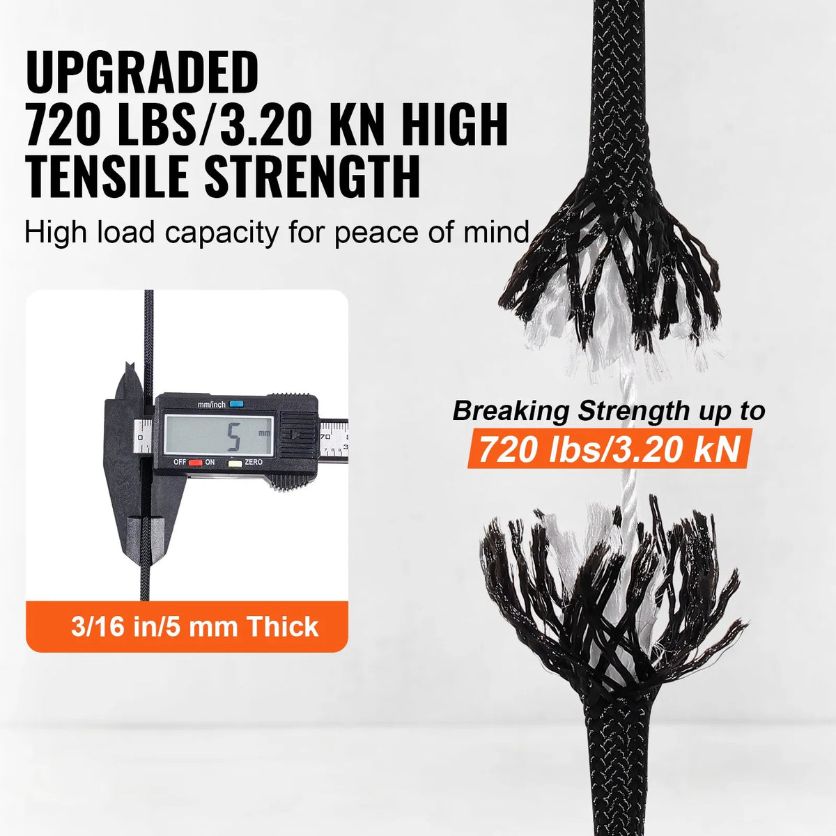 VEVOR Braided Nylon Rope 4.8 mm × 76 m, 32 Strands, 326 kg, for Climbing, Camping and Swings, Black