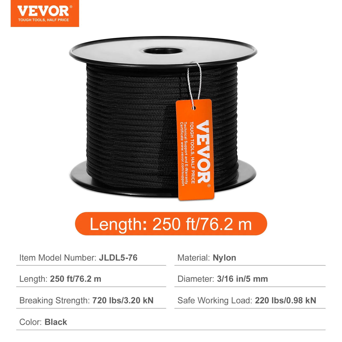 VEVOR Braided Nylon Rope 4.8 mm × 76 m, 32 Strands, 326 kg, for Climbing, Camping and Swings, Black