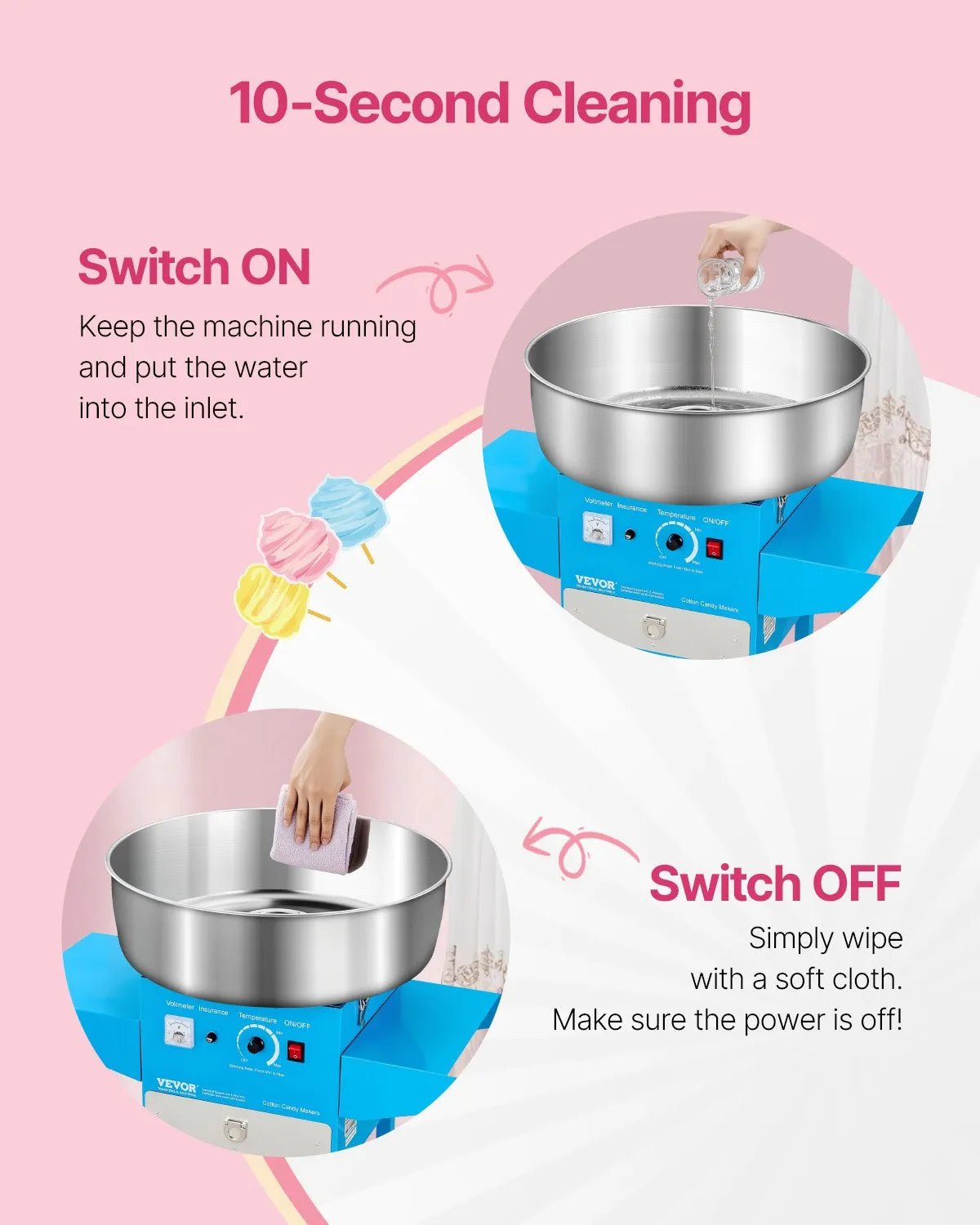 VEVOR elektriskā cukurvates mašīna ar ratiņiem 1000 W, komerciāls cukurvates aparāts ar 52 cm nerūsējošā tērauda bļodu, cukura karoti un atvilktni, zila - ZEMLETES.LV