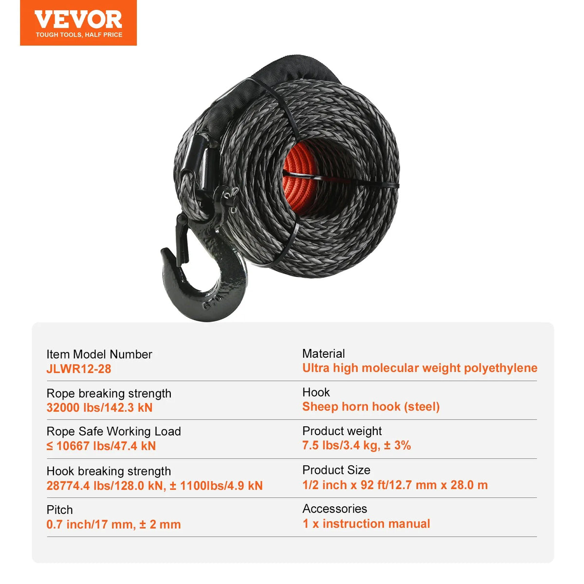 VEVOR sintētiskā vinčas trose, 12,7 mm × 28 m, 14 515 kg nestspēja, sintētiska vinčas trose ar aizsarguzmavu, kaltu vinčas āķi un vilkšanas siksnu, universāla piemērotība SUV, lieliem apvidus transportlīdzekļiem un kravas automašīnām