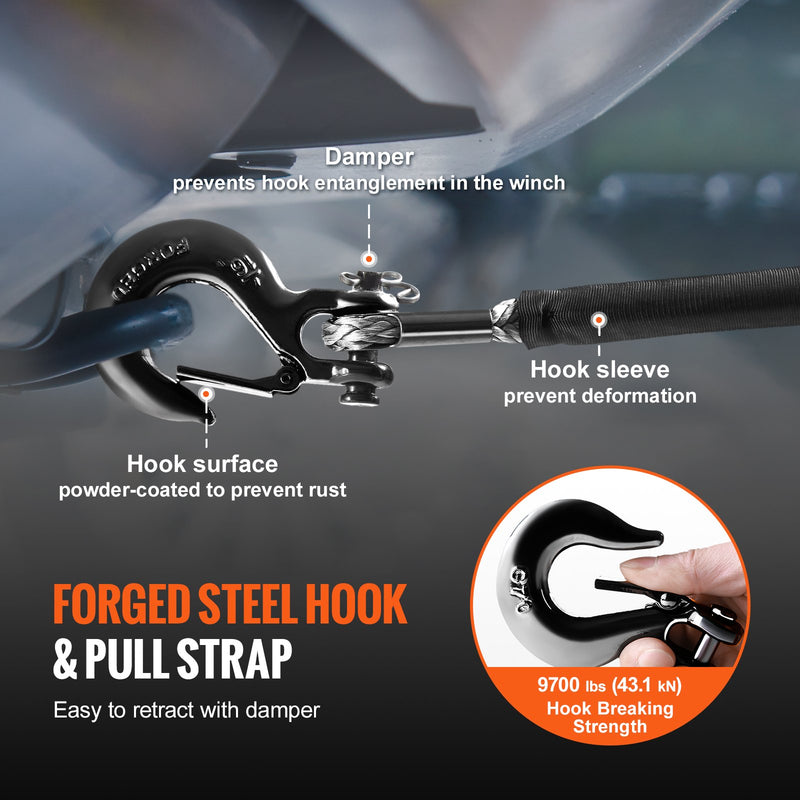 VEVOR sintētiskā vinčas trose 6,4 mm x 15,2 m, 4,5 t, ar aizsarguzmavu, apstādinātāju, kaltu āķi un vilkšanas siksnu, piemērota ATV, UTV un vieglajiem auto