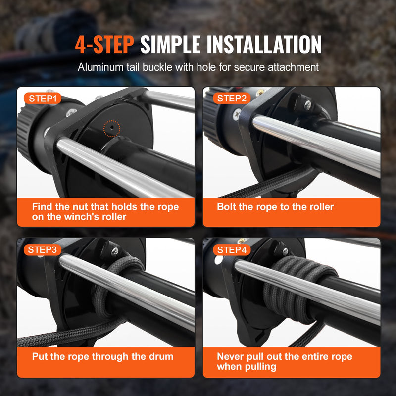 VEVOR sintētiskā vinčas trose 6,4 mm x 15,2 m, 4,5 t, ar aizsarguzmavu, apstādinātāju, kaltu āķi un vilkšanas siksnu, piemērota ATV, UTV un vieglajiem auto