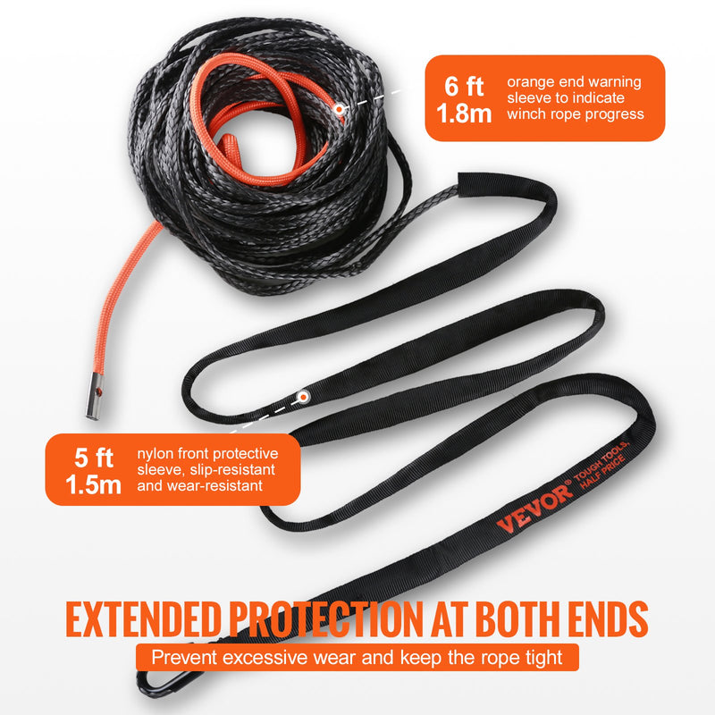 VEVOR sintētiskā vinčas trose 4,8 mm x 15,2 m, 3,8 t, ar aizsarguzmavu, āķi, apstādinātāju un vilkšanas siksnu