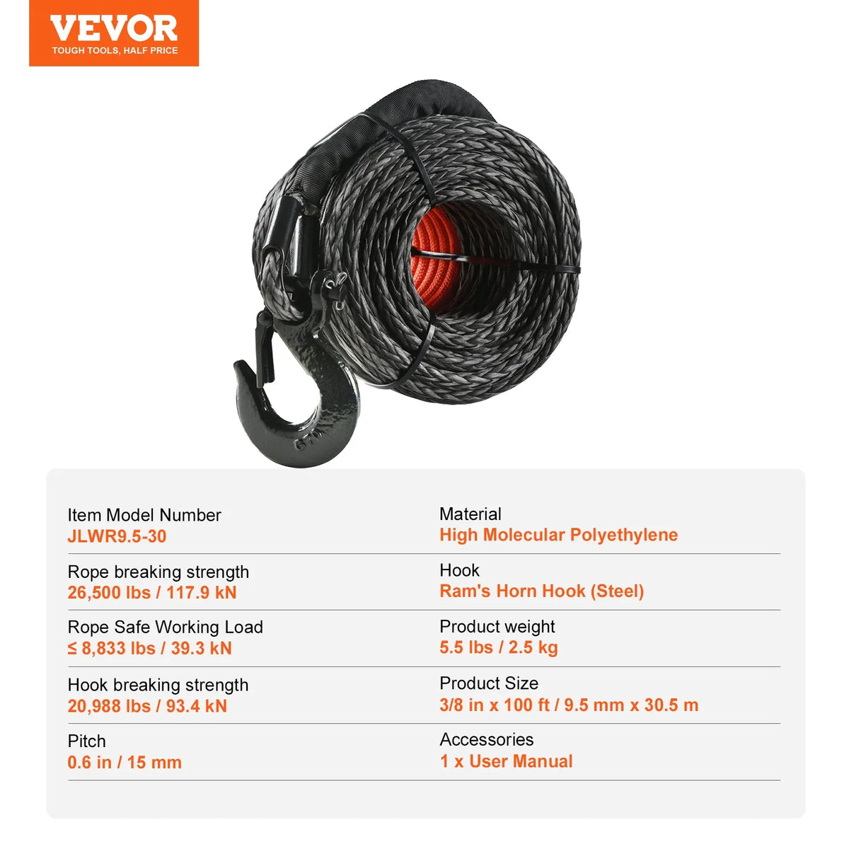 VEVOR sintētiskā vinčas trose, 9.5 mm × 30.48 m, 12 020 kg celtspēja, sintētiskais vinčas troses kabelis ar aizsarguzmavu + kalta vinčas āķi + vilkšanas siksnu, universāli piemērota SUV, lieliem bezceļu auto un kravas automobiļiem