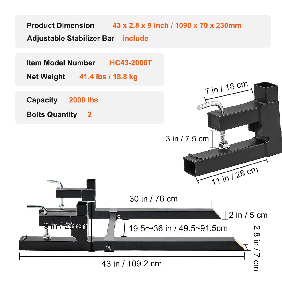 VEVOR palešu dakšas 907,2 kg ar stiprinājumu uz kausa, 109,2 cm traktora kausa dakšas ar regulējamu stabilizatora stieni, smagās slodzes dakšas traktoriem, iekrāvējiem un frontālajiem kausiem