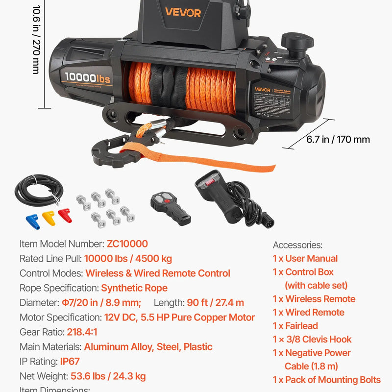 VEVOR Elektriskā vinča 4500 kg, 12 V DC kravas auto vinča ar Ø8,9 mm × 27,4 m sintētisko trosi, bezvadu un vadu tālvadība, IP67 ūdensizturīga, vilkšanai bezceļā SUV, Jeep, piekabei un laivai