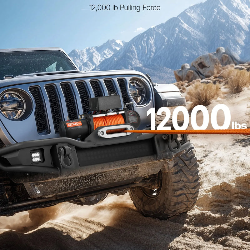 VEVOR elektriskā vinča, 5 400 kg vilkšanas jauda, 12 V līdzstrāvas kravas auto vinča ar Ø9,1 mm × 23 m sintētisko trosi, bezvadu un vadu tālvadība, IP55 ūdensizturība bezceļu SUV, Jeep, piekabju un laivu vilkšanai