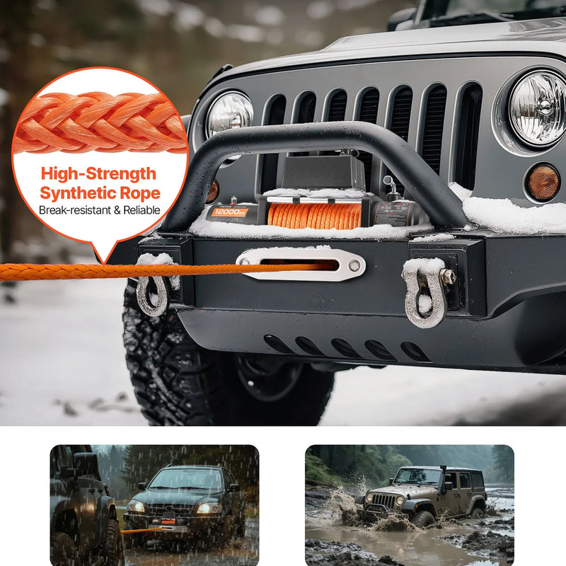 VEVOR elektriskā vinča, 5 400 kg vilkšanas jauda, 12 V līdzstrāvas kravas auto vinča ar Ø9,1 mm × 23 m sintētisko trosi, bezvadu un vadu tālvadība, IP55 ūdensizturība bezceļu SUV, Jeep, piekabju un laivu vilkšanai