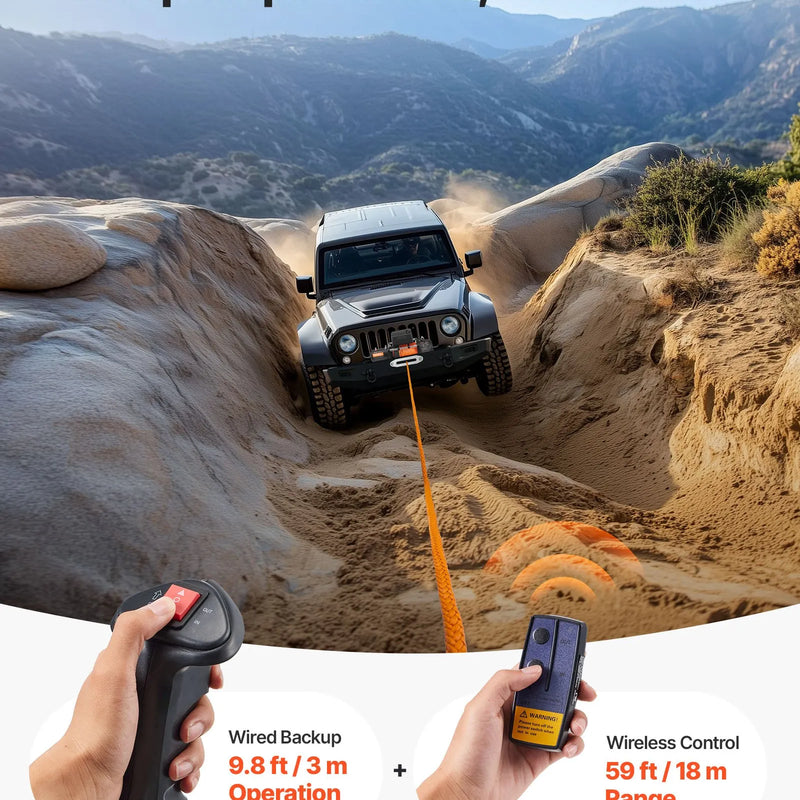 VEVOR elektriskā vinča, 5 400 kg vilkšanas jauda, 12 V līdzstrāvas kravas auto vinča ar Ø9,1 mm × 23 m sintētisko trosi, bezvadu un vadu tālvadība, IP55 ūdensizturība bezceļu SUV, Jeep, piekabju un laivu vilkšanai