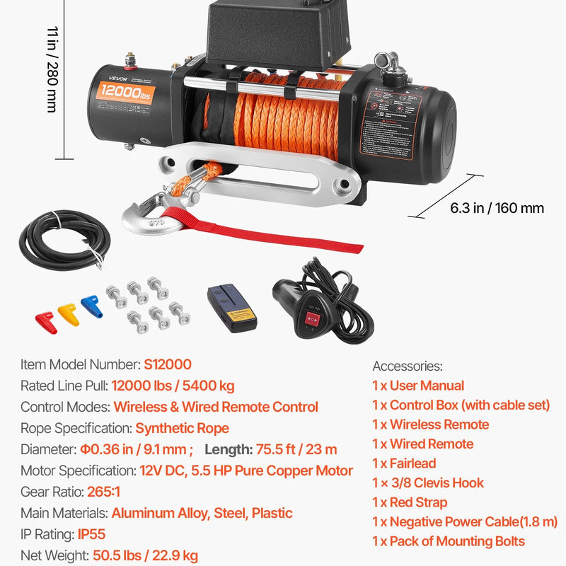 VEVOR elektriskā vinča, 5 400 kg vilkšanas jauda, 12 V līdzstrāvas kravas auto vinča ar Ø9,1 mm × 23 m sintētisko trosi, bezvadu un vadu tālvadība, IP55 ūdensizturība bezceļu SUV, Jeep, piekabju un laivu vilkšanai