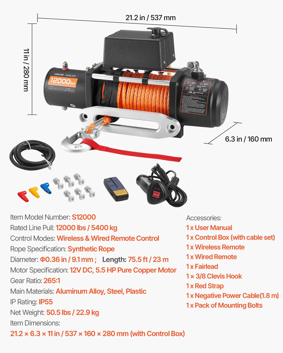 VEVOR Electric Winch, 5,400 kg Pulling Power, 12 V DC Truck Winch with Ø9.1 mm × 23 m Synthetic Rope, Wireless and Wired Remote Control, IP55 Waterproof for Off-Road SUV, Jeep, Trailer and Boat Towing