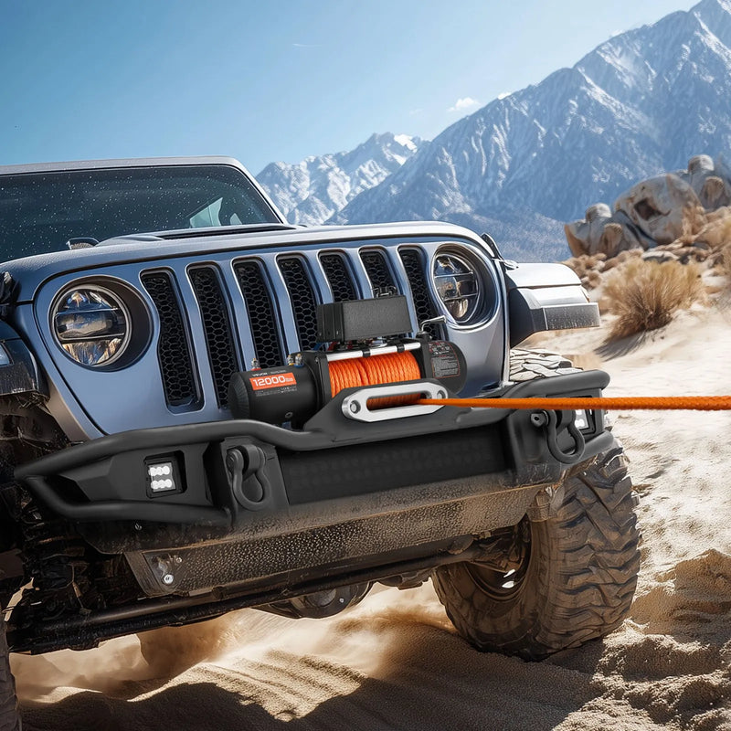 VEVOR elektriskā vinča, 5 400 kg vilkšanas jauda, 12 V līdzstrāvas kravas auto vinča ar Ø9,1 mm × 23 m sintētisko trosi, bezvadu un vadu tālvadība, IP55 ūdensizturība bezceļu SUV, Jeep, piekabju un laivu vilkšanai