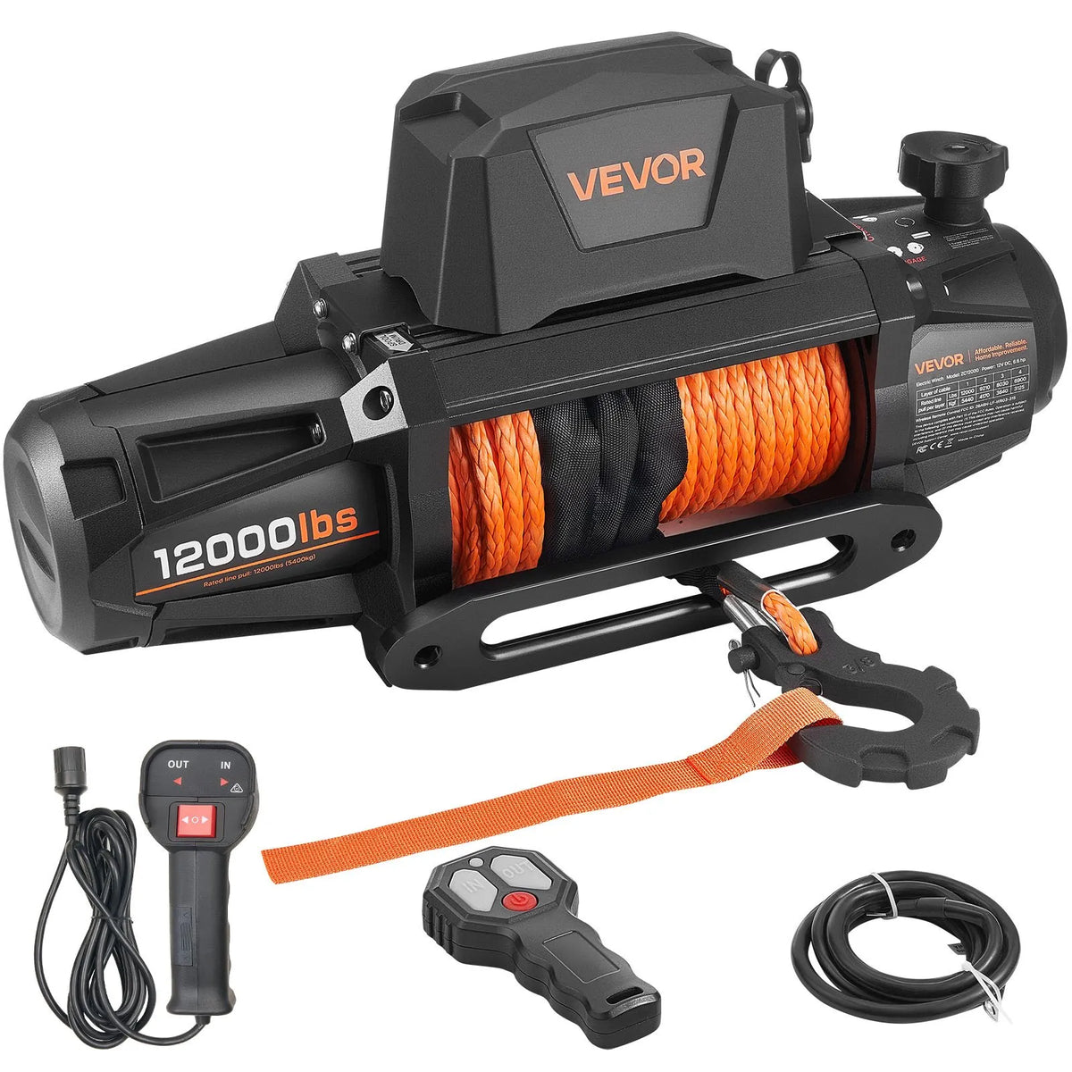 VEVOR Electric Winch, 12 V DC, 5400 kg Load Capacity, with Synthetic Rope 9.5 mm × 28 m, Wireless and Wired Remote Control, IP67 Waterproof, Suitable for Off-Road Vehicles, SUVs, Jeeps, Trailers and Boats