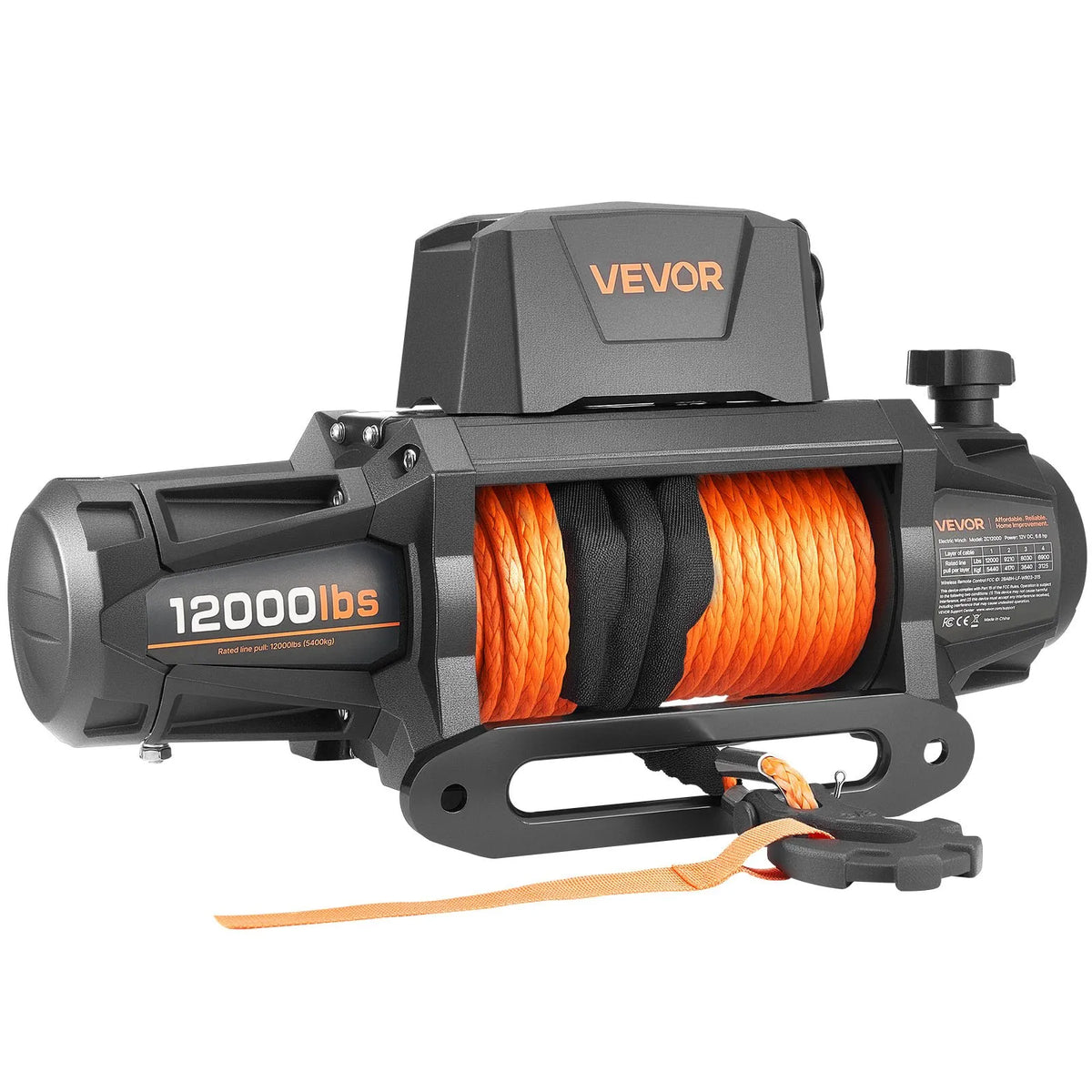 VEVOR Electric Winch, 12 V DC, 5400 kg Load Capacity, with Synthetic Rope 9.5 mm × 28 m, Wireless and Wired Remote Control, IP67 Waterproof, Suitable for Off-Road Vehicles, SUVs, Jeeps, Trailers and Boats