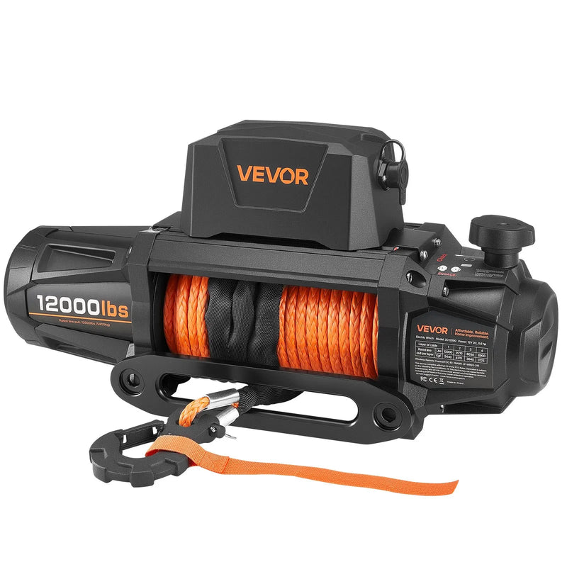 VEVOR elektriskā vinča, 5400 kg vilces jauda, 12 V līdzstrāvas piedziņa, sintētiskā trose Φ9,5 mm x 28 m, bezvadu un vadu tālvadība, IP67 ūdensizturība, piemērots vilkšanai automašīnām, apvidus auto, piekabēm un laivām