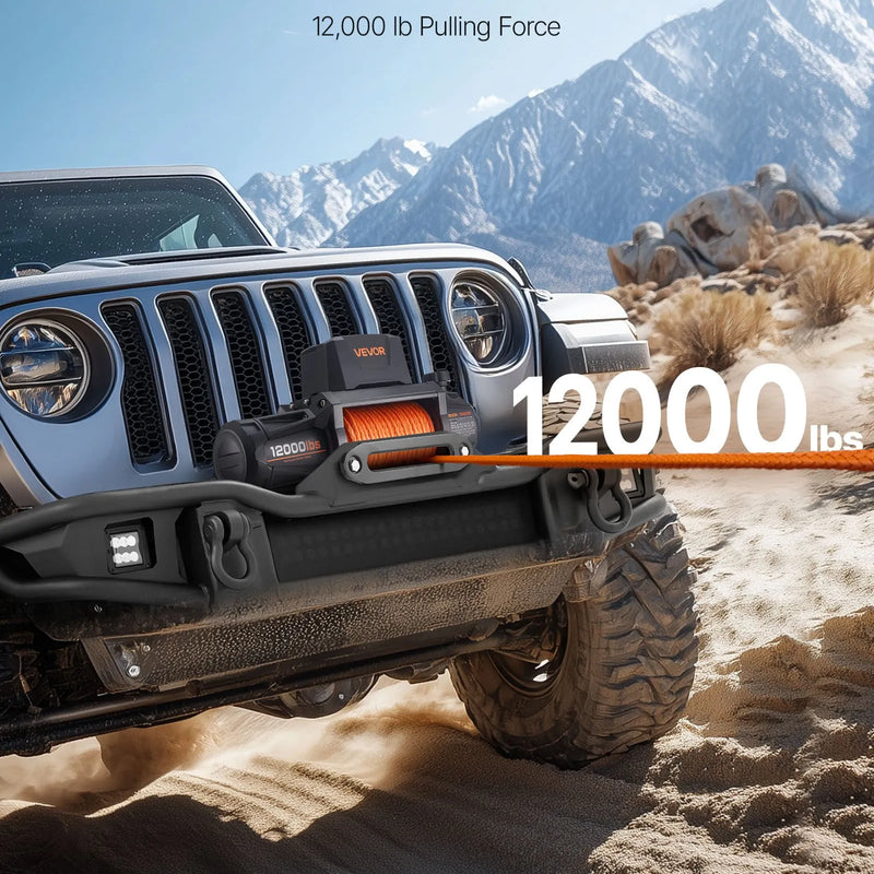 VEVOR elektriskā vinča, 5400 kg vilces jauda, 12 V līdzstrāvas piedziņa, sintētiskā trose Φ9,5 mm x 28 m, bezvadu un vadu tālvadība, IP67 ūdensizturība, piemērots vilkšanai automašīnām, apvidus auto, piekabēm un laivām