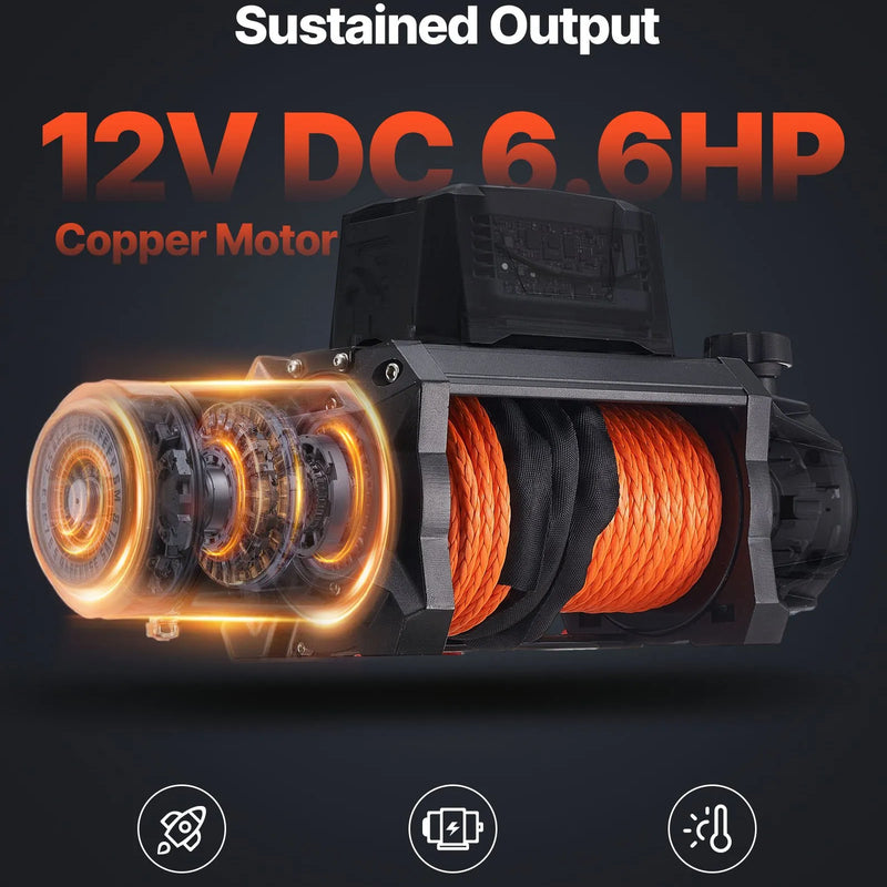 VEVOR elektriskā vinča, 5400 kg vilces jauda, 12 V līdzstrāvas piedziņa, sintētiskā trose Φ9,5 mm x 28 m, bezvadu un vadu tālvadība, IP67 ūdensizturība, piemērots vilkšanai automašīnām, apvidus auto, piekabēm un laivām