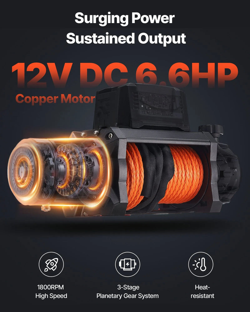 VEVOR elektriskā vinča, 5400 kg vilces jauda, 12 V līdzstrāvas piedziņa, sintētiskā trose Φ9,5 mm x 28 m, bezvadu un vadu tālvadība, IP67 ūdensizturība, piemērots vilkšanai automašīnām, apvidus auto, piekabēm un laivām