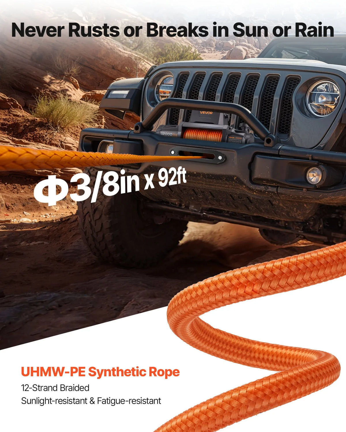 VEVOR Electric Winch, 12 V DC, 5400 kg Load Capacity, with Synthetic Rope 9.5 mm × 28 m, Wireless and Wired Remote Control, IP67 Waterproof, Suitable for Off-Road Vehicles, SUVs, Jeeps, Trailers and Boats