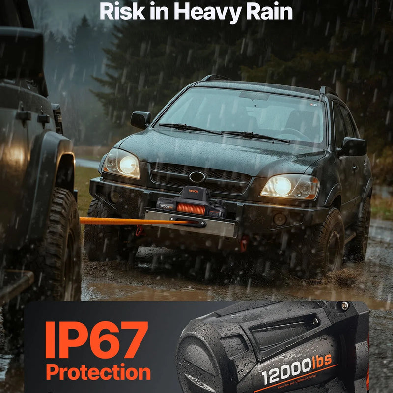 VEVOR elektriskā vinča, 5400 kg vilces jauda, 12 V līdzstrāvas piedziņa, sintētiskā trose Φ9,5 mm x 28 m, bezvadu un vadu tālvadība, IP67 ūdensizturība, piemērots vilkšanai automašīnām, apvidus auto, piekabēm un laivām