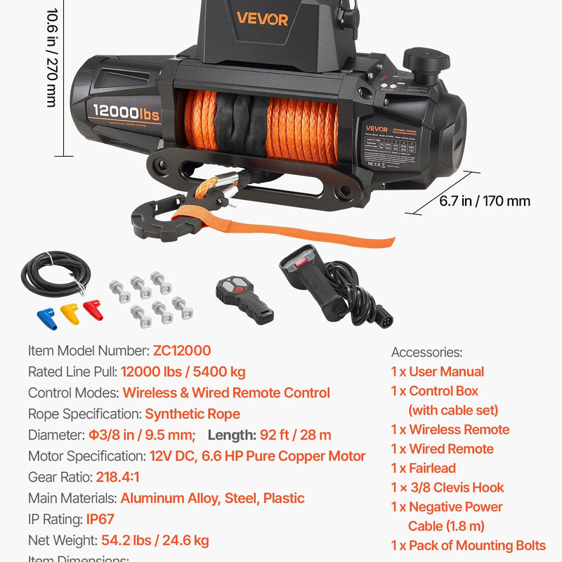 VEVOR elektriskā vinča, 5400 kg vilces jauda, 12 V līdzstrāvas piedziņa, sintētiskā trose Φ9,5 mm x 28 m, bezvadu un vadu tālvadība, IP67 ūdensizturība, piemērots vilkšanai automašīnām, apvidus auto, piekabēm un laivām