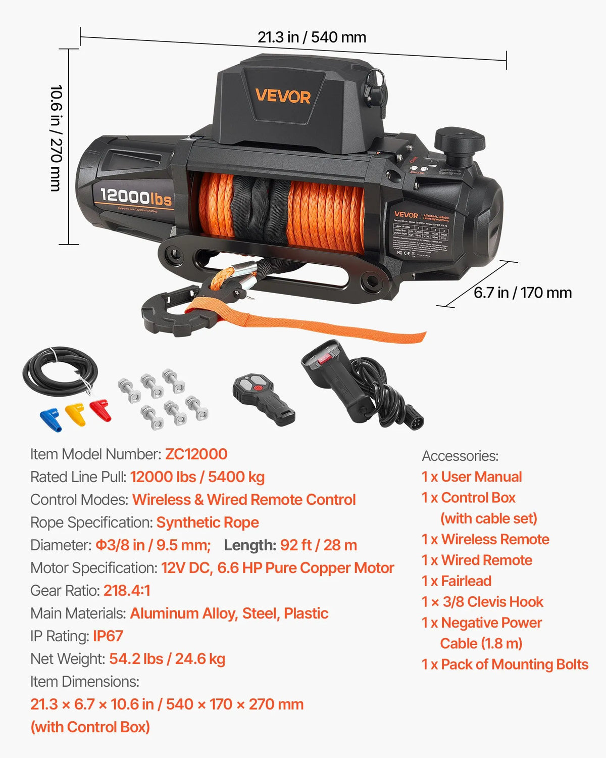 VEVOR Electric Winch, 12 V DC, 5400 kg Load Capacity, with Synthetic Rope 9.5 mm × 28 m, Wireless and Wired Remote Control, IP67 Waterproof, Suitable for Off-Road Vehicles, SUVs, Jeeps, Trailers and Boats