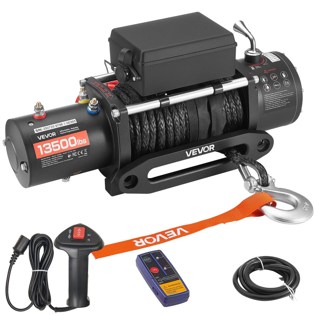 VEVOR Electric Winch 12 V, 6100 kg Pull Force, Synthetic Rope Ø9.5 mm × 26 m, Wireless and Wired Remote Control, IP55 Protection for Off-Road Vehicles, Jeeps, Trailers and Boats