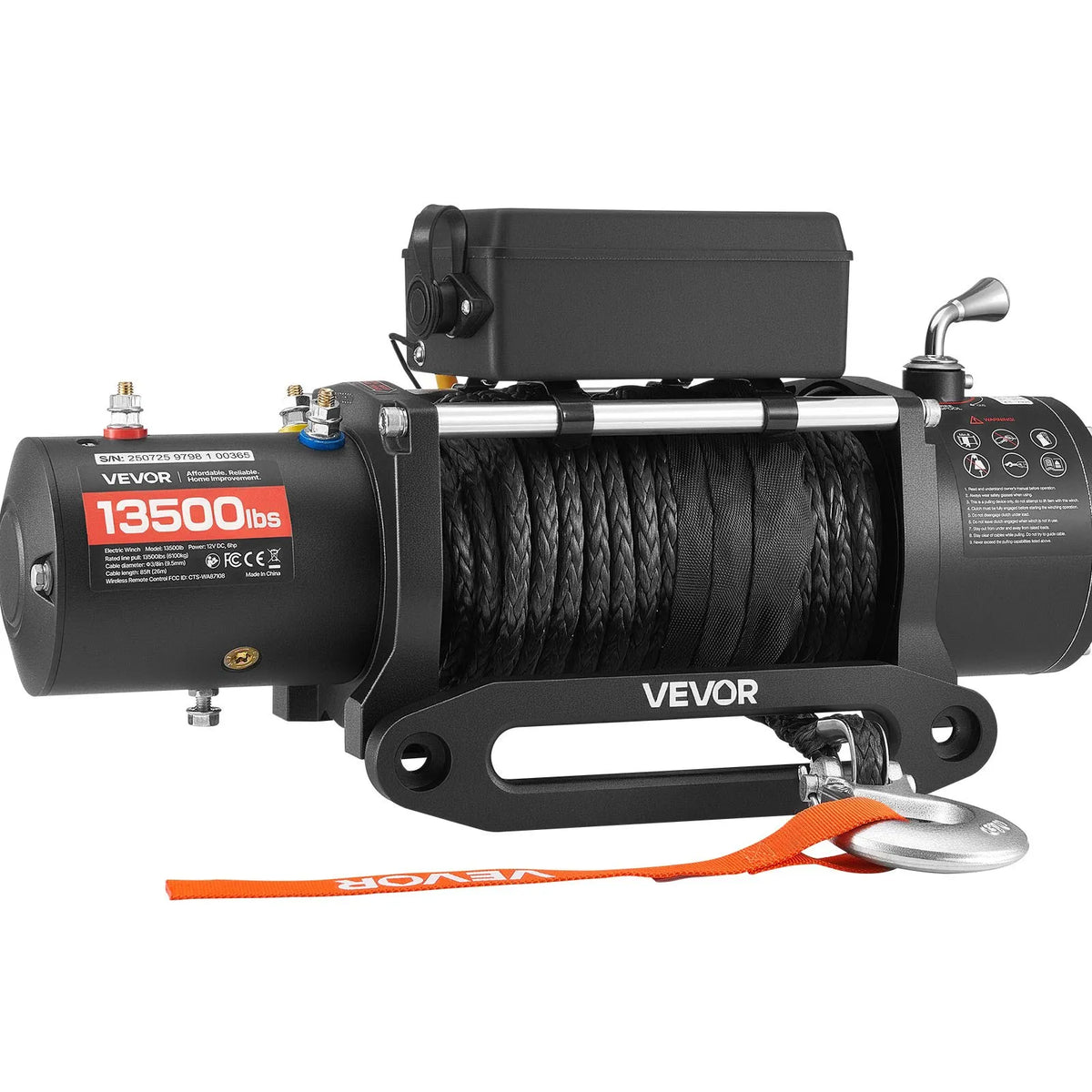 VEVOR Electric Winch 12 V, 6100 kg Pull Force, Synthetic Rope Ø9.5 mm × 26 m, Wireless and Wired Remote Control, IP55 Protection for Off-Road Vehicles, Jeeps, Trailers and Boats