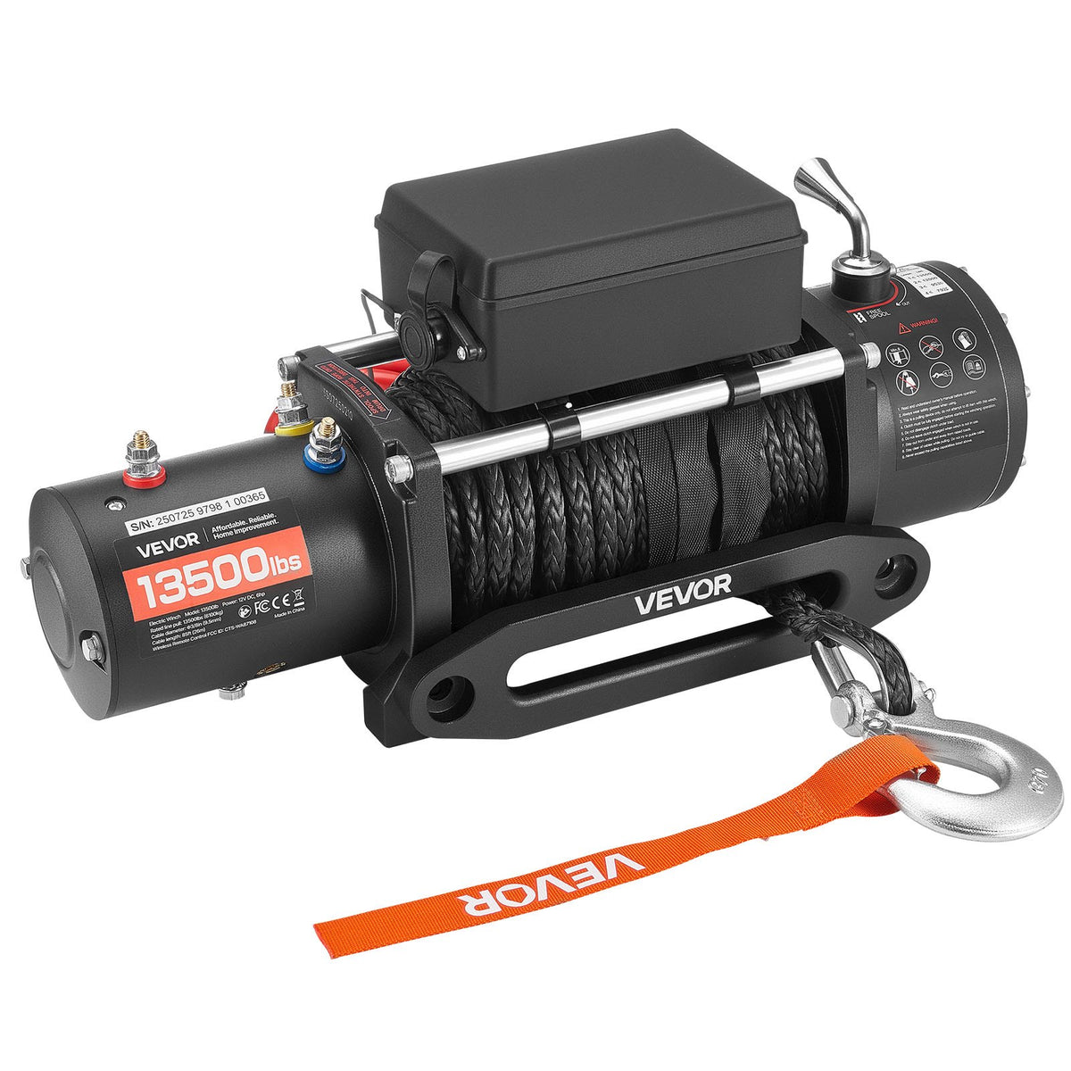 VEVOR Electric Winch 12 V, 6100 kg Pull Force, Synthetic Rope Ø9.5 mm × 26 m, Wireless and Wired Remote Control, IP55 Protection for Off-Road Vehicles, Jeeps, Trailers and Boats