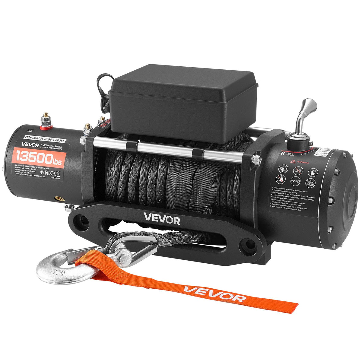 VEVOR Electric Winch 12 V, 6100 kg Pull Force, Synthetic Rope Ø9.5 mm × 26 m, Wireless and Wired Remote Control, IP55 Protection for Off-Road Vehicles, Jeeps, Trailers and Boats