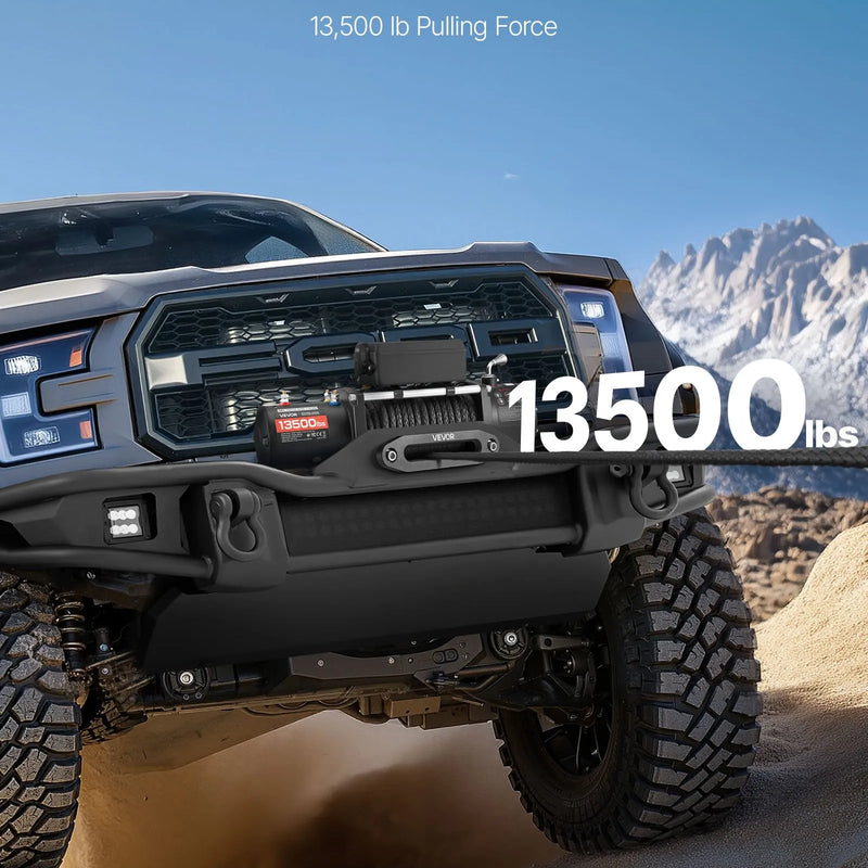 VEVOR elektriskā vinča 12 V, vilkšanas jauda 6100 kg, sintētiskā trose Ø9,5 mm × 26 m, bezvadu un vadu tālvadība, IP55 aizsardzība apvidus auto, džipiem, piekabēm un laivām