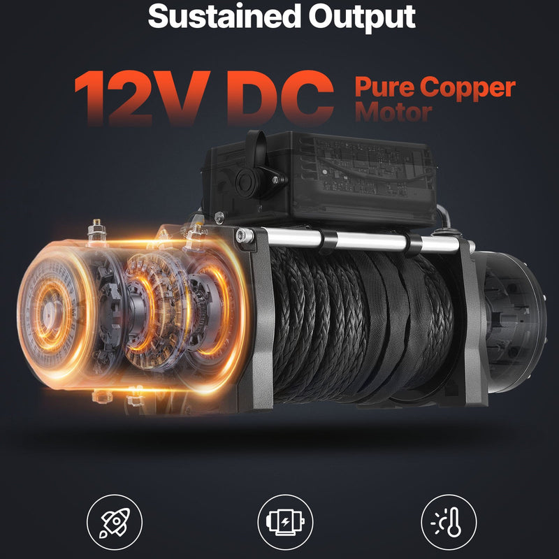 VEVOR elektriskā vinča 12 V, vilkšanas jauda 6100 kg, sintētiskā trose Ø9,5 mm × 26 m, bezvadu un vadu tālvadība, IP55 aizsardzība apvidus auto, džipiem, piekabēm un laivām