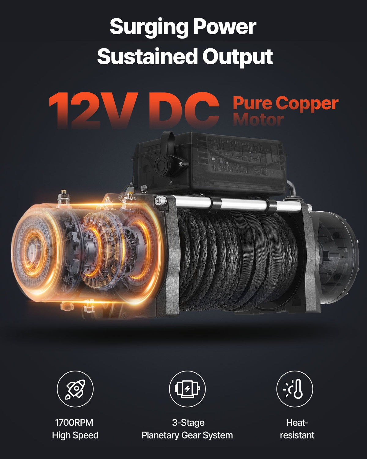 VEVOR Electric Winch 12 V, 6100 kg Pull Force, Synthetic Rope Ø9.5 mm × 26 m, Wireless and Wired Remote Control, IP55 Protection for Off-Road Vehicles, Jeeps, Trailers and Boats